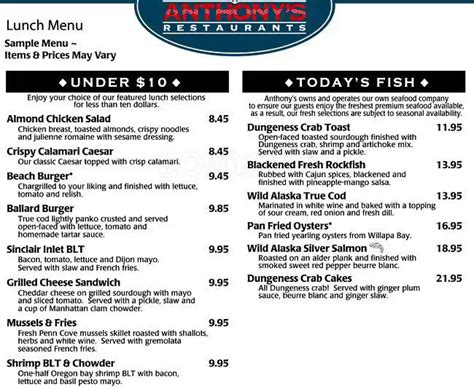 Anthony's Menu, Menu for Anthony's, Bremerton, Bremerton - Urbanspoon ...