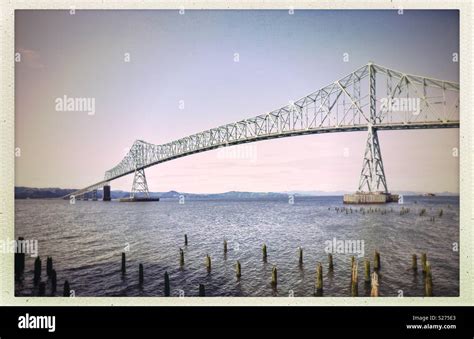 The Astoria bridge, the Megler Bridge, over the Columbia River, border between Washington State ...