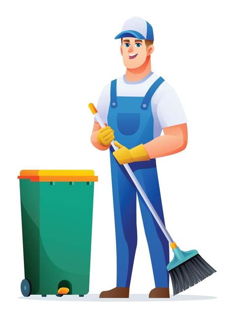 Cleaning service man with broom and trash can. Male janitor cartoon ...