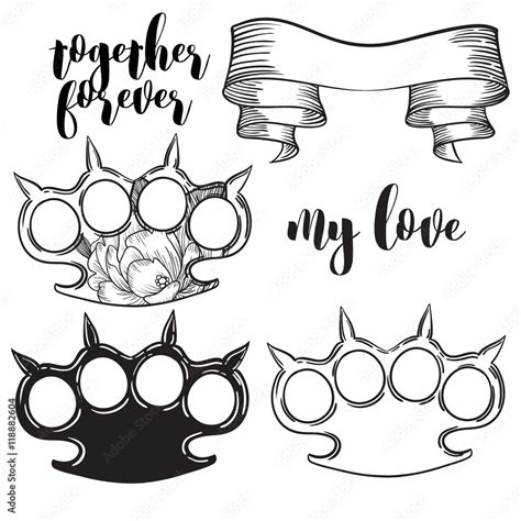 set of brass knuckles. Old school tattoo style with weapon. vector illustration. Stock Vector ...