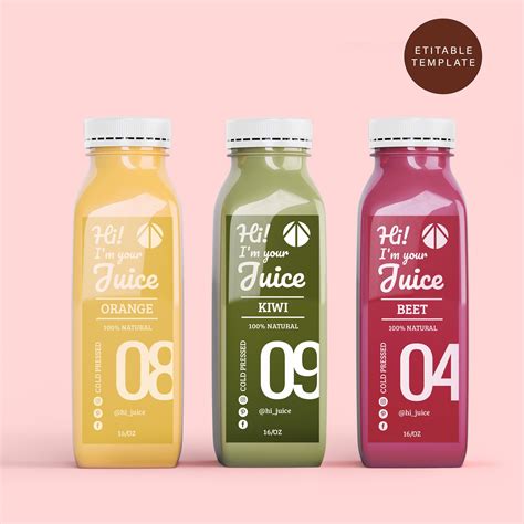 Editable juice bottle label template custom juice label sticker design 8oz 12oz 16oz juice ...