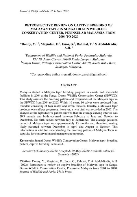 (PDF) RETROSPECTIVE REVIEW ON CAPTIVE BREEDING OF MALAYAN TAPIR IN ...