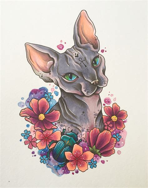 Sphynx cat tattoo print, hairless cat, gifts for cat lovers, egyptian art, watercolour print ...