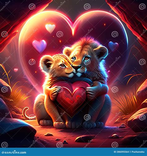 Lion Cubs Hugging Heart Lion and Lion Cub in Love. Valentine S Day Card. Generative AI Animal Ai ...