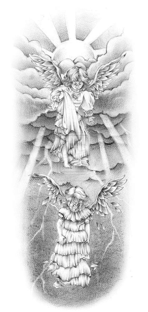 Good and bad grey-ink angels in under sun rays tattoo design - Tattooimages.biz