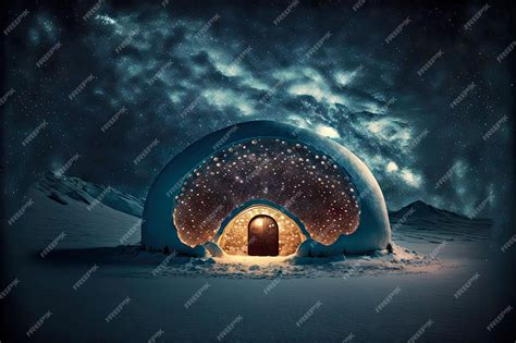 Premium Photo | Night sky and semicircular snow igloo with small entrance