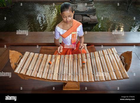 Roneat-ek is a xylophone used in Khmer classical music. Being played by young Cambodian woman ...