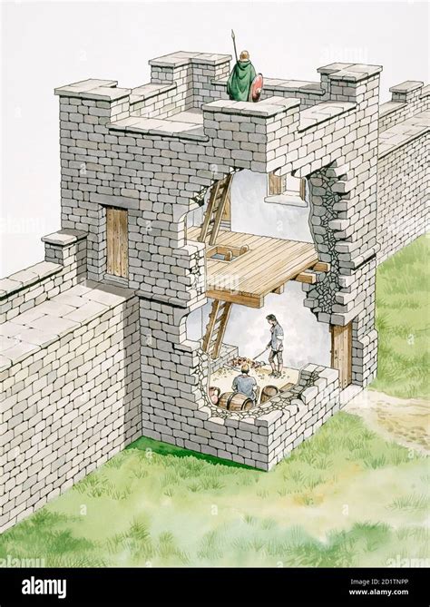 HADRIAN'S WALL: BANKS EAST TURRET, Cumbria. Cutaway reconstruction drawing by Philip Corke Stock ...