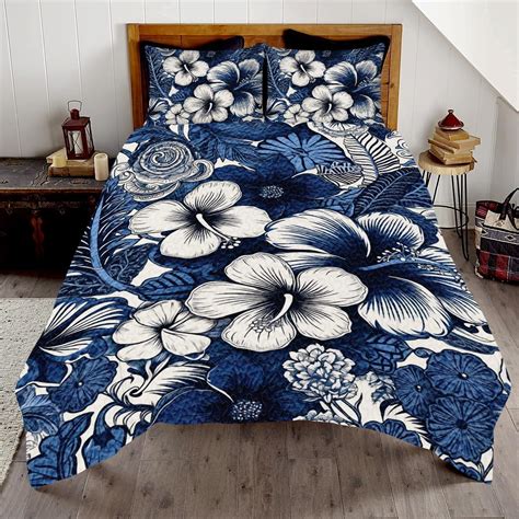 Amazon.com: Blue Floral Hawaiian Style Quilt Queen - Hawaiian Print Comforters, Hawaiian Blue ...