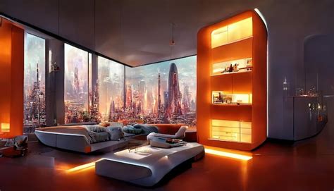 Interior de cyberpunk realista futurista en color naranja 3 renderizado ...