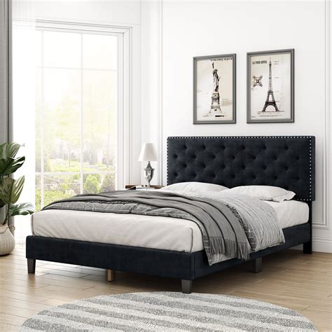 Homfa Queen Bed Frame with Headboard, Modern Upholstered Platform Bed Frame for Bedroom, Black ...