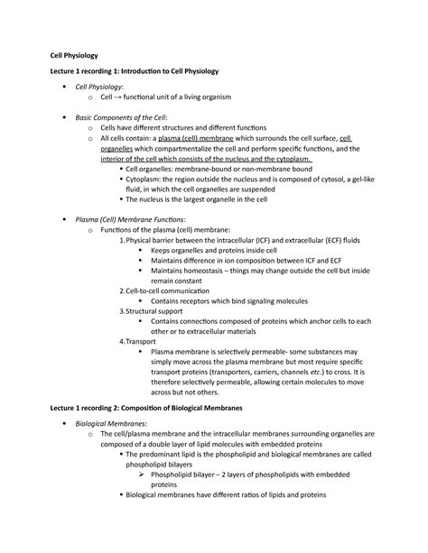 Study Notes- Cell Physiology - Cell Physiology Lecture 1 recording 1: Introduction to Cell - Studocu