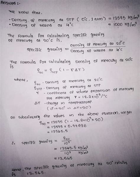 Calculate the specific gravity of mercury at 20 deg C - WizEdu