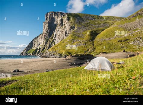 Tent camping at Kvalvika beach, Moskenesøy, Lofoten Islands, Norway Stock Photo - Alamy