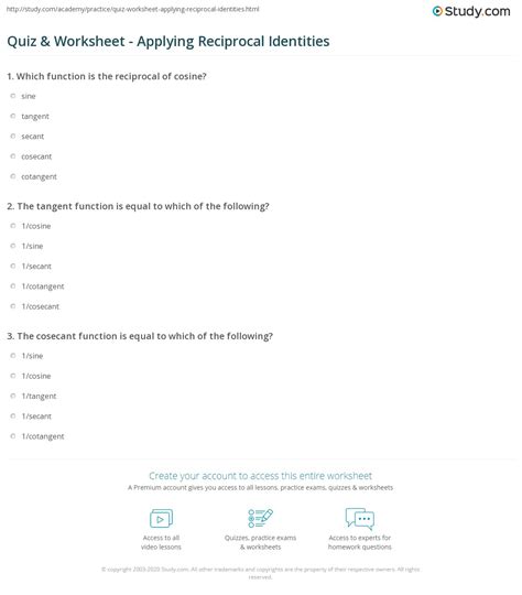 Quiz & Worksheet - Applying Reciprocal Identities | Study.com