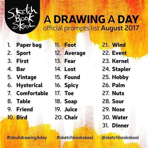 A Drawing A Day: August Prompts List | Sketchbook Skool | 30 day drawing challenge, Art prompts ...