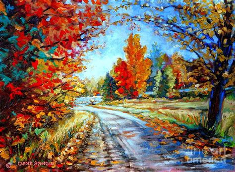 Red Maples Autumn Landscape Road Through Quebec Painting by Carole Spandau