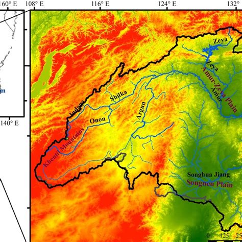 Geographic map showing the location of the Amur River Basin in Eurasia ...