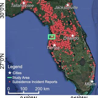 Location map of sinkhole and subsidence reports in Florida (red ...