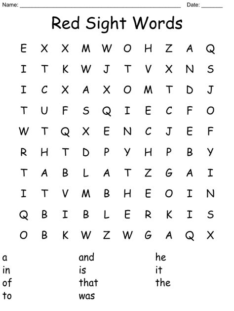 Red Sight Words Word Search - WordMint