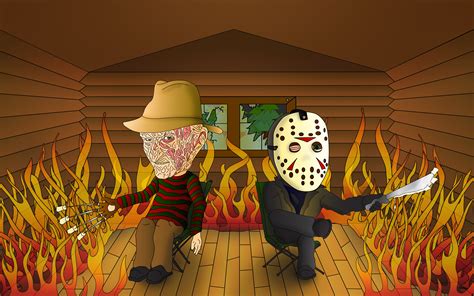 Jason Voorhees, Freddy Krueger, Artwork, Humor, Fire Wallpapers HD / Desktop and Mobile Backgrounds