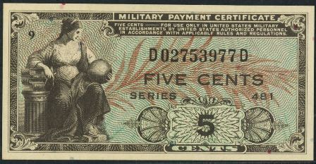 Value of Series 481 5 Cent Military Payment Certificate | Antique Money