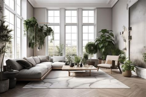 Premium AI Image | Modern living room with minimalist decor and large indoor plants