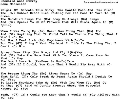 Country Music:Snowbird-Anne Murray Lyrics and Chords