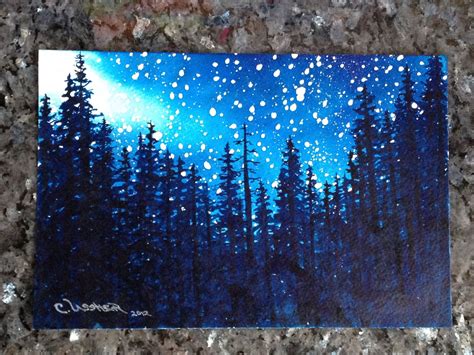 Stars - Mountain Pine Trees silhouetted in a night sky with a galaxy of stars - 6" X 9" Original ...