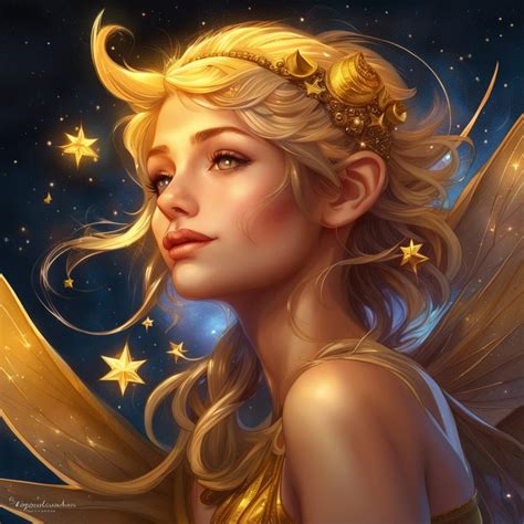 small beautiful fairy, golden, vibrant, happy, night sky, stars, moon ...