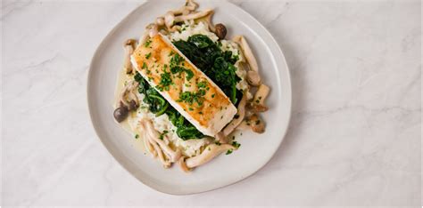 Seared Halibut with Spinach, Mushrooms, and Risotto | Alaska Gold Seaf