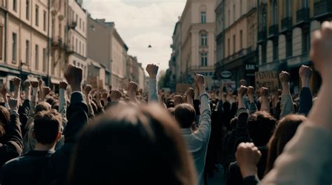 Premium Photo | Protesting crowd of people on city street with raised ...