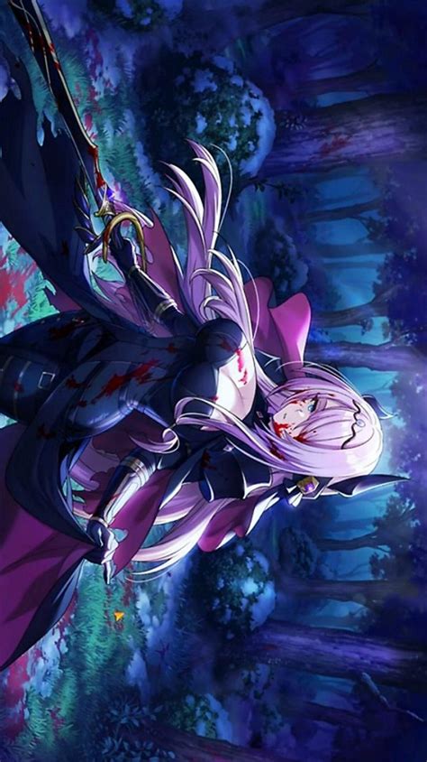 an anime character flying through the air with purple hair and long white hair on her head