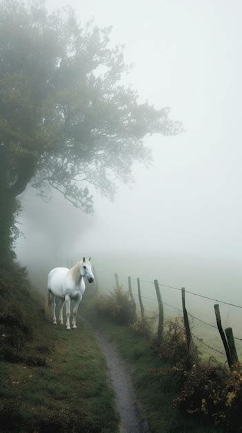 Premium AI Image | A white horse stands in a field with a fence and a ...