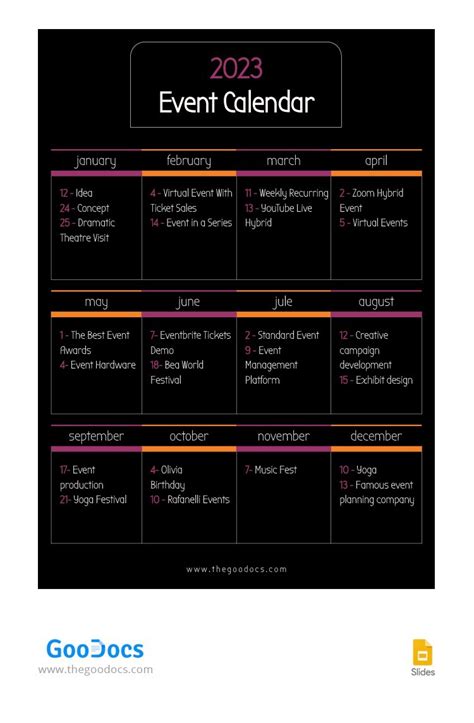 Black Event Calendar 2023 Template In Google Slides