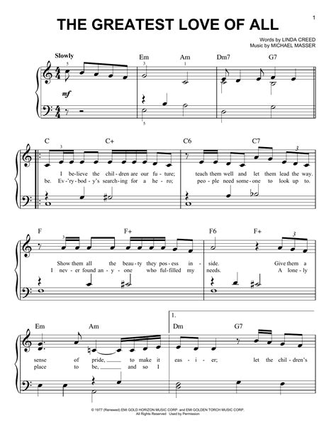 The Greatest Love Of All by Whitney Houston Sheet Music for Very Easy Piano at Sheet Music Direct