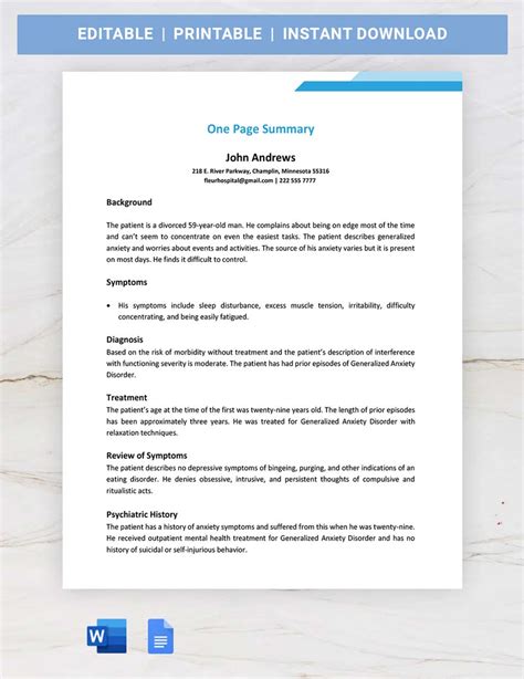 One Pager Executive Summary Template