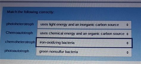 Solved Match the following correctly: photoheterotroph uses | Chegg.com ...