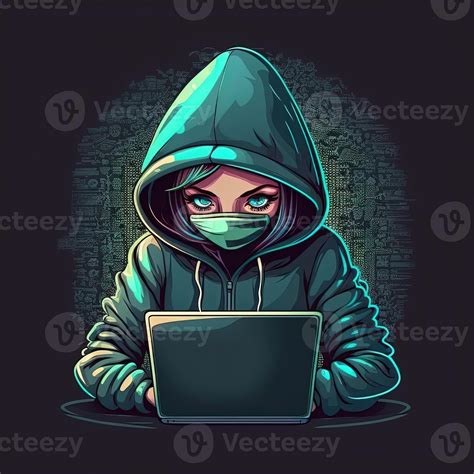 Cute girl hacker with laptop. Avatar in cartoon style. Balck backdrop ...