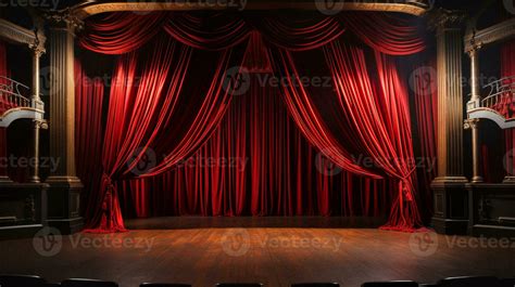 Dramatically Lit Lustrous Red Velvet Theatre Curtains and Wooden Stage Floor. Generative AI ...