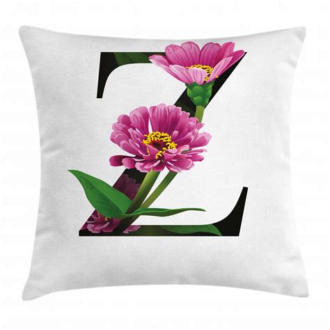 Letter Z Throw Pillow Cushion Cover, Purple Zinnia Petals Stems Leaves ...