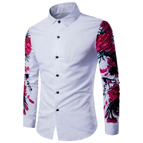 Mens Casual Long Sleeve Shirt Business Slim Fit Shirt Printed Blouse Top white shirts camiseta ...