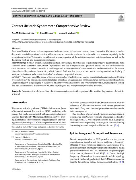 Contact Urticaria Syndrome: a Comprehensive Review | Request PDF