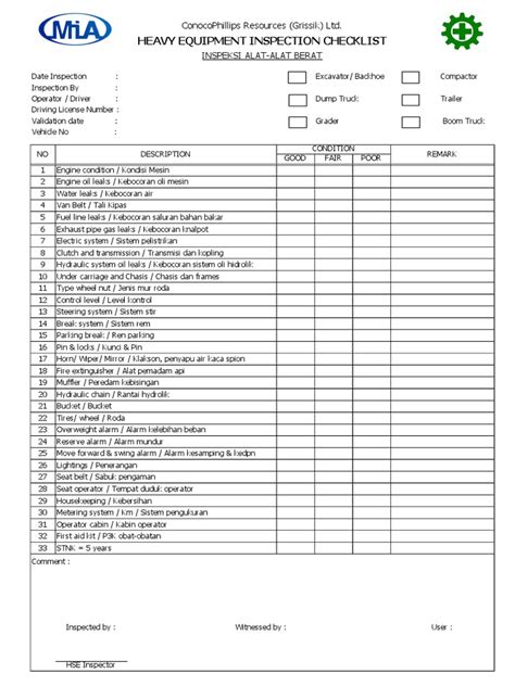 Construction Equipment Checklist Template