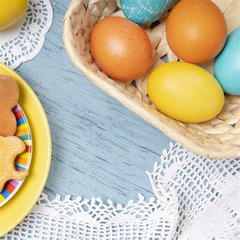 Easter Table Template with Colored Eggs and Holiday Cookies Stock Photo - Image of table ...