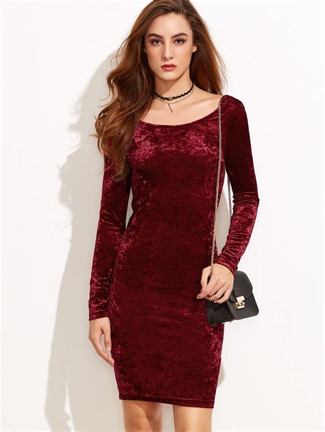 Burgundy Draped Back Velvet Bodycon Dress -SheIn(Sheinside)