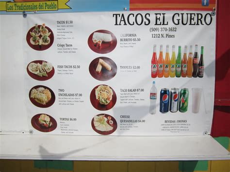 Menu at Tacos El Guero restaurant, Spokane Valley, N Pines Rd