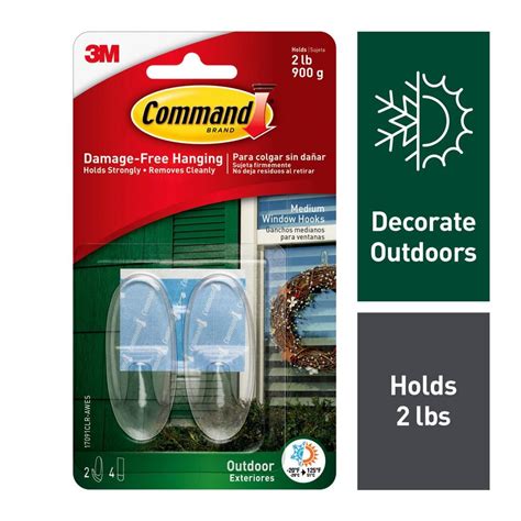 Command 2 lb. Medium Clear Outdoor Window Hooks (2 Hooks, 4 Water Resistant Strips) 17091CLR-AW ...