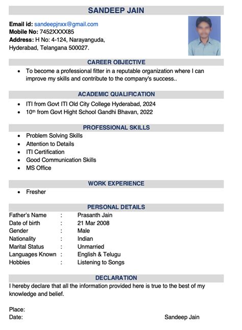 Sample ITI Fitter Resume Format in Word | Download Sample ITI Fitter ...