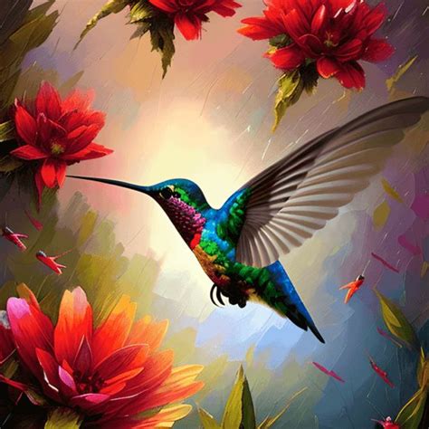 Multi Colored Flowers Hummingbird by Greg Rutkowski · Creative Fabrica | Hummingbird painting ...